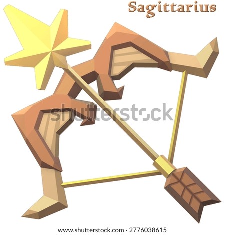 Low poly 3D render of Sagittarius zodiac sign depicted as stylized archer bow with golden arrow tipped by bright star, faceted geometric surfaces in warm brown, beige, yellow tones, isolated on white background with elegant Sagittarius typography above. 

Artwork created manually in 3D modeling software, Not AI generated, showcasing polygonal sculpture style, modern astrology illustration, clean minimalist aesthetic.

Ideal for astrology bloggers publishing horoscope forecasts, magazine editors designing zodiac spreads, app developers building horoscope interfaces, greeting card makers producing birthday themes, merchandise vendors printing apparel, tattoo studios seeking geometric references, educational publishers explaining constellation myths, wellness brands promoting fire sign guidance, social media creators crafting daily content, game designers needing fantasy weapon icons.

Suitable across website headers, mobile app buttons, poster art, book covers, calendar sheets, sticker collections, packaging labels, presentation decks, infographic modules, t-shirt graphics, mug designs, tote prints, blog visuals, newsletter banners, advertisement mockups, classroom posters, spiritual workshop flyers. Strong SEO derives from Sagittarius bow 3D, low poly zodiac, handmade render, polygonal astrology, geometric horoscope, archer symbol.