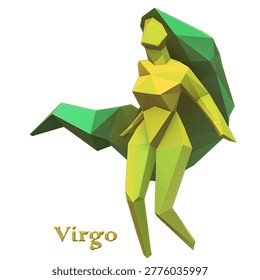 Low poly 3D render of Virgo zodiac sign depicted as stylized female figure with flowing green cape, faceted geometric surfaces in lime and emerald tones, isolated on white background with gold Virgo typography. Artwork created manually in 3D modeling software, not AI generated, showcasing polygonal art, modern astrology illustration, clean vector style aesthetic.

Ideal for astrology bloggers publishing horoscope content, magazine editors designing zodiac features, app developers creating horoscope interfaces, greeting card companies producing birthday designs, merchandise sellers printing t-shirts, tattoo artists seeking geometric references, educational publishers explaining astronomy myths, wellness brands promoting spiritual guidance, social media managers crafting daily forecasts, graphic designers needing zodiac icons.

 handmade 3D render.