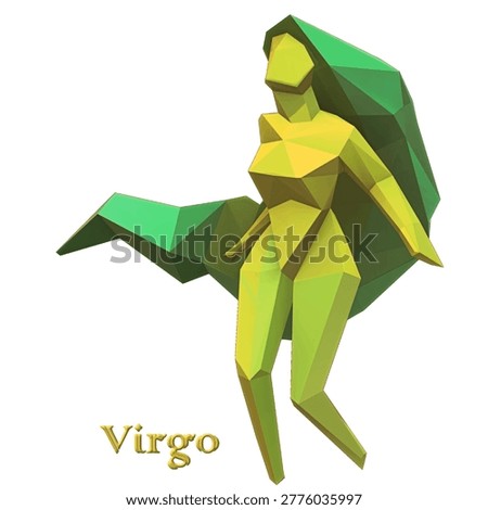 Low poly 3D render of Virgo zodiac sign depicted as stylized female figure with flowing green cape, faceted geometric surfaces in lime and emerald tones, isolated on white background with gold Virgo typography. Artwork created manually in 3D modeling software, not AI generated, showcasing polygonal art, modern astrology illustration, clean vector style aesthetic.

Ideal for astrology bloggers publishing horoscope content, magazine editors designing zodiac features, app developers creating horoscope interfaces, greeting card companies producing birthday designs, merchandise sellers printing t-shirts, tattoo artists seeking geometric references, educational publishers explaining astronomy myths, wellness brands promoting spiritual guidance, social media managers crafting daily forecasts, graphic designers needing zodiac icons.

 handmade 3D render.