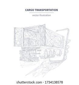 Low poly 3d truck, parcels and phone isolated in white background. Online cargo delivery service, logistics or tracking app concept. Abstract vector sketch illustration of online freight delivery 
