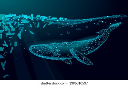 Low Poly 3D Whale Plastic Ocean Pollution Swimming Undersea. Water Surface Dark Night Glowing Wave Garbage. Save Help Survive Humpback Whale Marine Wild Life. Triangle Polygonal Vector Illustration