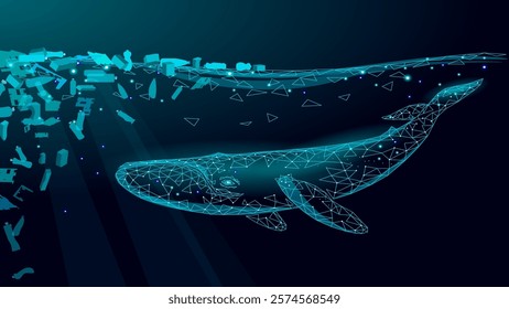 Low poly 3D whale plastic ocean pollution swimming undersea. Water surface dark night glowing wave garbage. Save help survive humpback whale marine wild life. Triangle polygonal vector illustration