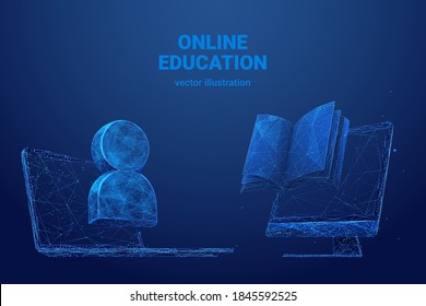 Low poly 3d wireframe of laptop, person symbol icon, computer screen and book in blue background. Online education, reading or distance learning concept. Digital vector mesh with lines and dots
