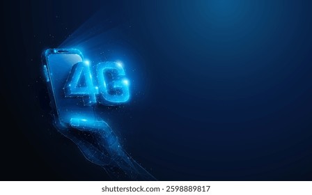 Low Poly 4G Mobile Network Smartphone in Hand. Abstract geometric illustration depicting fourth generation wireless communication hardware technology concept by wireframe mesh on blue background 