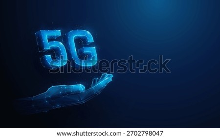 Low Poly 5G Wireless Mobile Network Technology in Hand - Abstract Vector Illustration. Concept depicting tech expert bringing 5G innovative communication hardware by wireframe mesh on blue background