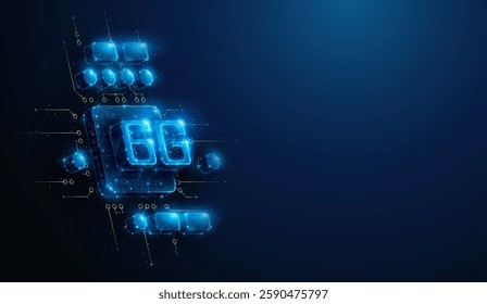 Low Poly 6G Wireless Mobile Network Hardware Chip. Abstract geometric illustration depicting 6th generation communication hardware technology concept by wireframe mesh on blue background