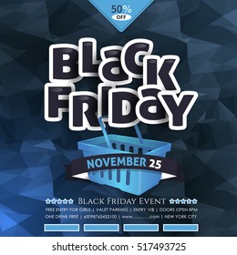 Low Poly Abstract Background, Black Friday Shopping Ad Design. Advertising Vector Discount Announcement Web Banner with Polygonal Style Flat Geometric Shapes, Shop Bag Illustration