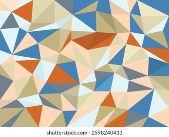 Low poly abstract background with triangles in shades of beige, blue, orange, and gray, ideal for modern designs, textures, and patterns.