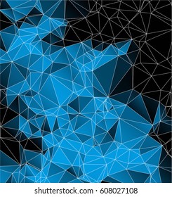 Low poly abstract blue and black background consisting of triangles. Vector art.