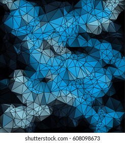 Low poly abstract blue and black background consisting of triangles. Vector art.