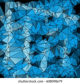 Low poly abstract blue and black background consisting of triangles. Vector art.