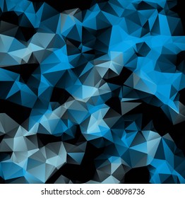 Low poly abstract blue and black background consisting of triangles. Vector art.