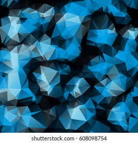 Low poly abstract blue and black background consisting of triangles. Vector art.