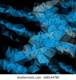 Low poly abstract blue and black background consisting of triangles. Vector art.