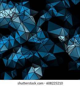 Low poly abstract blue and black background consisting of triangles. Vector art.