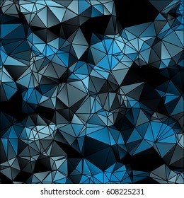 Low poly abstract blue and black background consisting of triangles. Vector art.