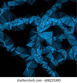 Low poly abstract blue and black background consisting of triangles. Vector art.