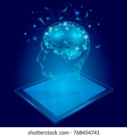 Low poly abstract brain tablet pc virtual reality concept. Geometric polygonal hologram mind imagination innovation modern vector illustration active education online extra mental neurocomputer