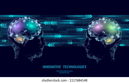 Low poly abstract brain virtual reality concept. Geometric polygonal hologram mind imagination innovation modern vector illustration active education online extra mental half face neurocomputer