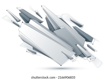Low poly abstract form isolated on white, vector future shape design polygonal art, dimensional geometric dynamic tech theme, with mesh lines.