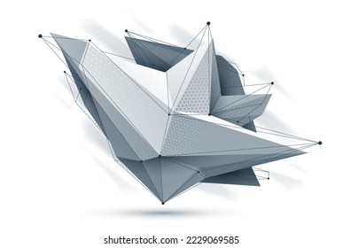 Abstrakte Low-Poly-Form einzeln auf Weiß, Vektordesign in Zukunft polygonale Kunst, geometrisches, dynamisches technisches Thema, mit Maschenlinien.