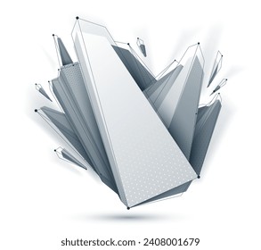 Low poly abstract form isolated on white, vector future shape design polygonal art, dimensional geometric dynamic tech theme, with mesh lines.