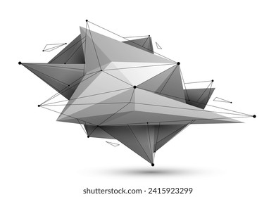 Low poly abstract form isolated on white, vector future shape design polygonal art, dimensional geometric dynamic tech theme, with mesh lines.