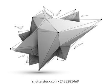 Niedrige Poly abstrakte Form isoliert auf weißem Vektor, zukünftige Form Design polygonale Kunst, dimensionale geometrische dynamische Tech-Thema, mit Maschenlinien.