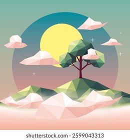 Low poly abstract landscape with a tree, hills, and sun in pastel shades of green, yellow, and pink, perfect for modern designs and backgrounds.