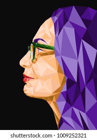 Low poly abstract portrait in profile of a woman wearing glasses. Polygonal. Vector illustration