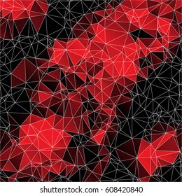 Low poly abstract red and black background consisting of triangles. Vector art.