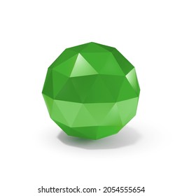 Low Poly Abstract Spherical Object, Shining Gemstone Design Element, Geometric Green Spherical Ball with Shadow Effect on White Background