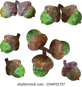 Low poly acorns set, set of autumn acorns