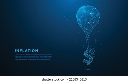 Low poly air balloon tied with dollar flying high rising up in the sky in concept of Inflation causing price rising up overvalued stock or funds on low Polygonal wireframe background.