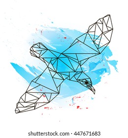 Low poly albatross on blue watercolor