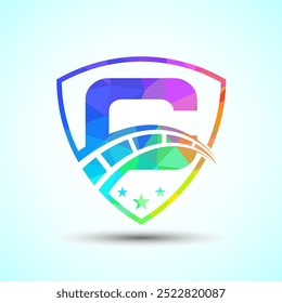 Alfabeto baixo polietileno C com velocímetro e sinal de escudo. O conceito de design do logotipo automotivo