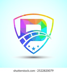 Alfabeto poli bajo D con velocímetro y signo de escudo. El concepto de diseño de logotipo automotriz