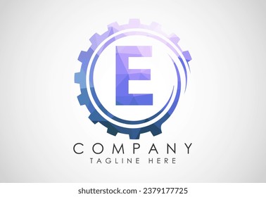 Low poly alphabet E in a gear spiral. Gear engineer logo design. Polygonal logo for automotive