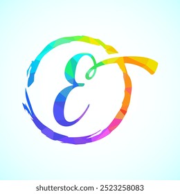 Low poly alphabet E, Hand drawn letter in a brush circle on white background