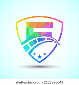 Low poly alphabet F with speedometer and shield sign. The automotive logo design concept