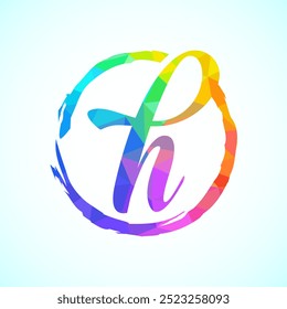 Low poly alphabet H, Hand drawn letter in a brush circle on white background