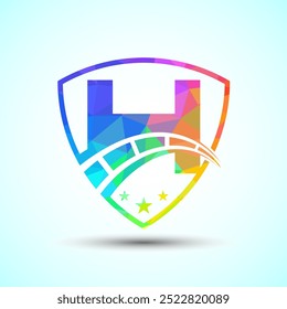 Low poly alphabet H with speedometer and shield sign. The automotive logo design concept