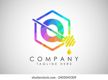 Low poly alphabet with honeycomb bees logo design. Honey logo font emblem vector illustration