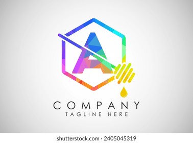 Low poly alphabet with honeycomb bees logo design. Honey logo font emblem vector illustration