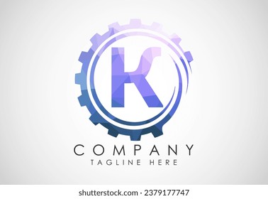 Low poly alphabet K in a gear spiral. Gear engineer logo design. Polygonal logo for automotive
