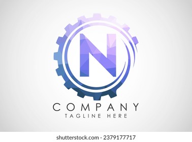 Low poly alphabet N in a gear spiral. Gear engineer logo design. Polygonal logo for automotive