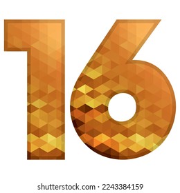 Low Poly Alphabet Number 16. Number Sixteen Vector Illustration Isolated On A White Background
