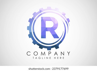Low poly alphabet R in a gear spiral. Gear engineer logo design. Polygonal logo for automotive