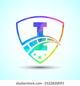 Low poly alphabet I with speedometer and shield sign. The automotive logo design concept