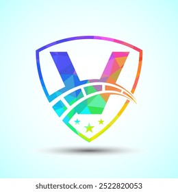 Low poly alphabet V with speedometer and shield sign. The automotive logo design concept